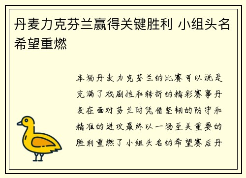 丹麦力克芬兰赢得关键胜利 小组头名希望重燃