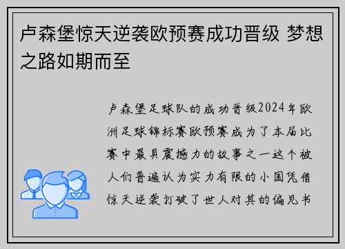 卢森堡惊天逆袭欧预赛成功晋级 梦想之路如期而至