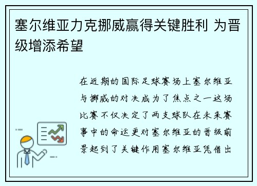 塞尔维亚力克挪威赢得关键胜利 为晋级增添希望
