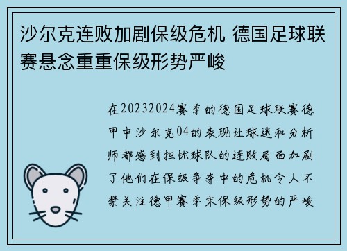 沙尔克连败加剧保级危机 德国足球联赛悬念重重保级形势严峻