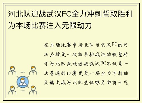 河北队迎战武汉FC全力冲刺誓取胜利为本场比赛注入无限动力